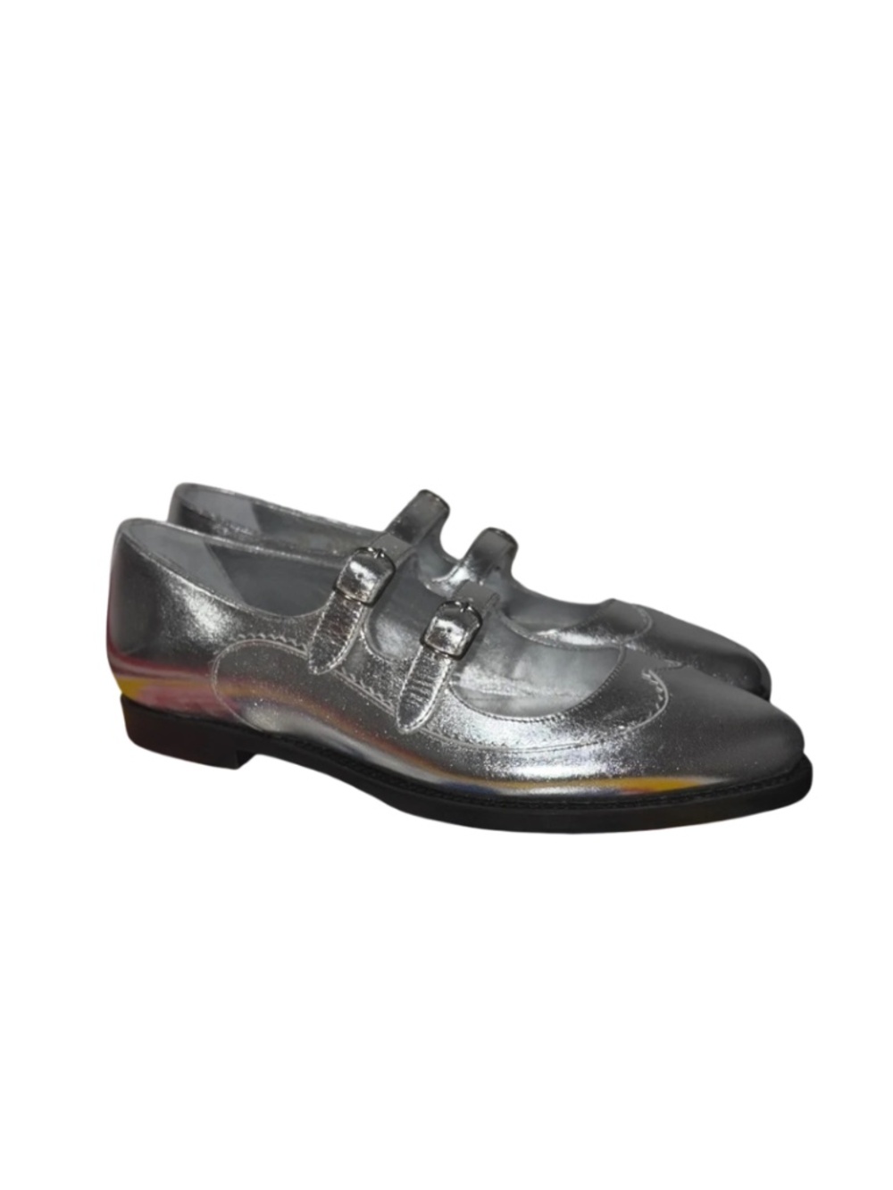 The Office of Angela Scott TOOAS Miss Margo Silver Mary Jane Flat Size 38 US 8